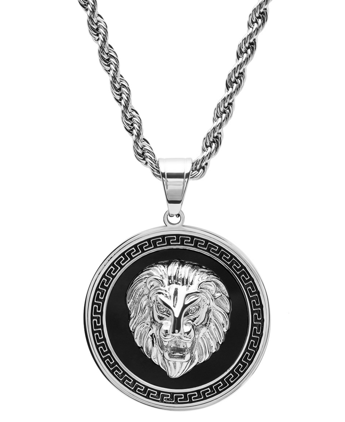 Men's Two-Tone Stainless Steel Simulated Diamond Lion Head On Greek Key Mount 24" Pendant Necklace - Black, Silver