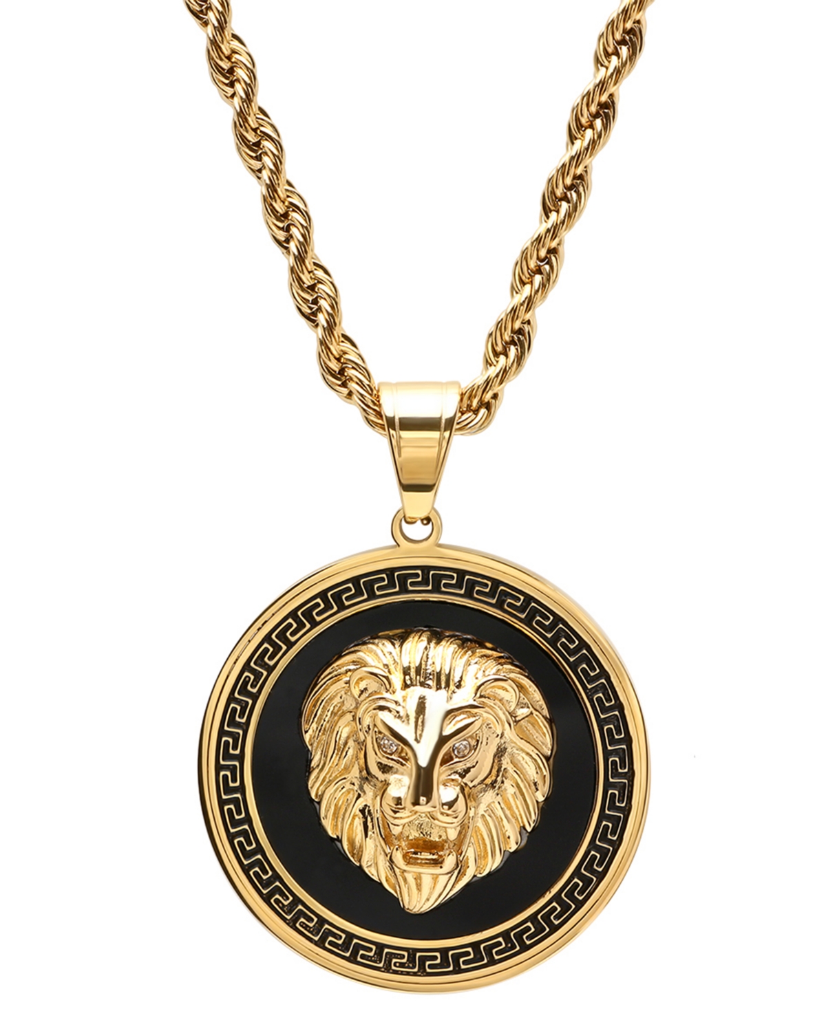Men's Two-Tone Stainless Steel Simulated Diamond Lion Head On Greek Key Mount 24" Pendant Necklace - Black, Silver