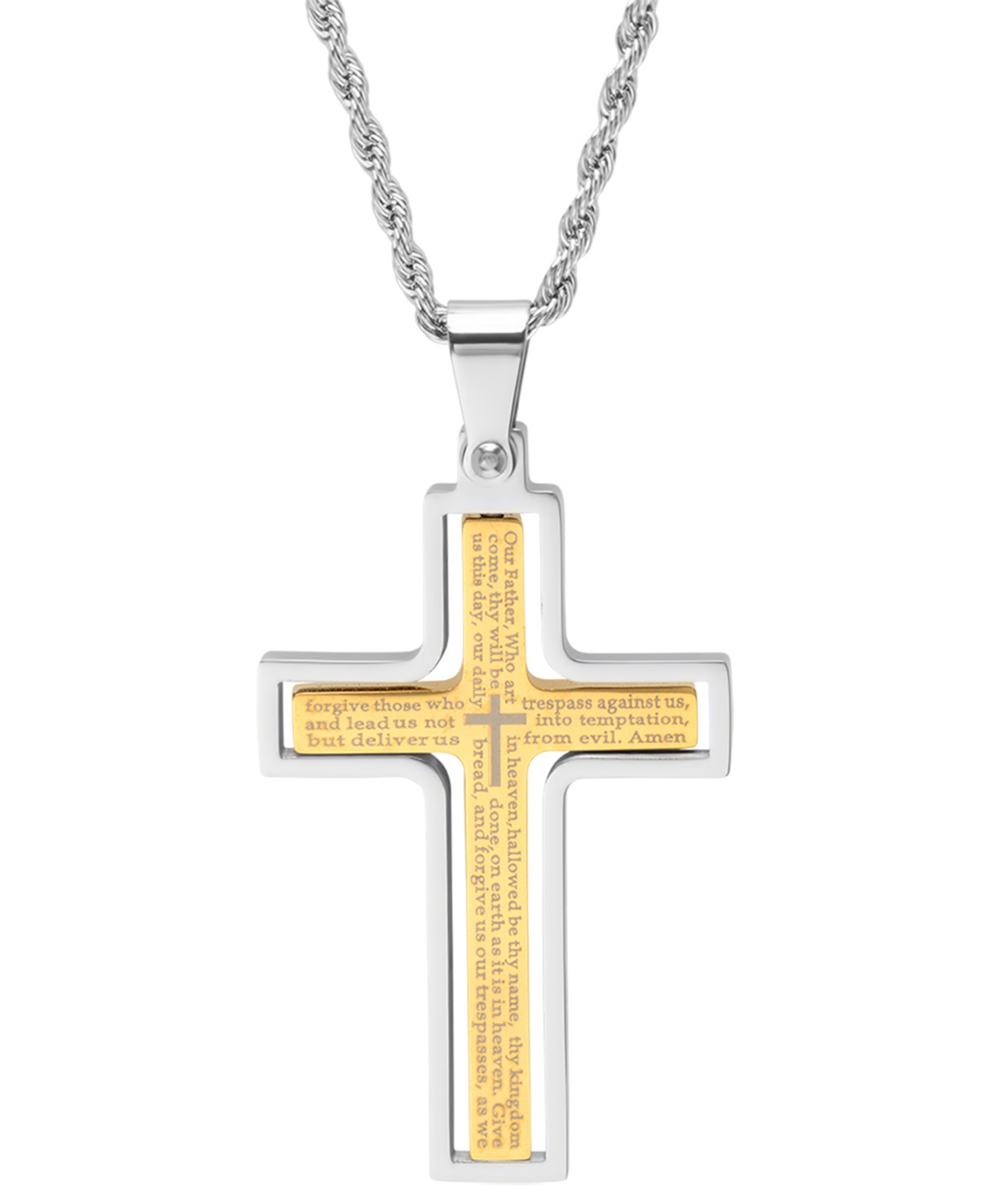 Men's Stainless Steel "Our Father" English Prayer Spinner Cross 24" Pendant Necklace - Silver