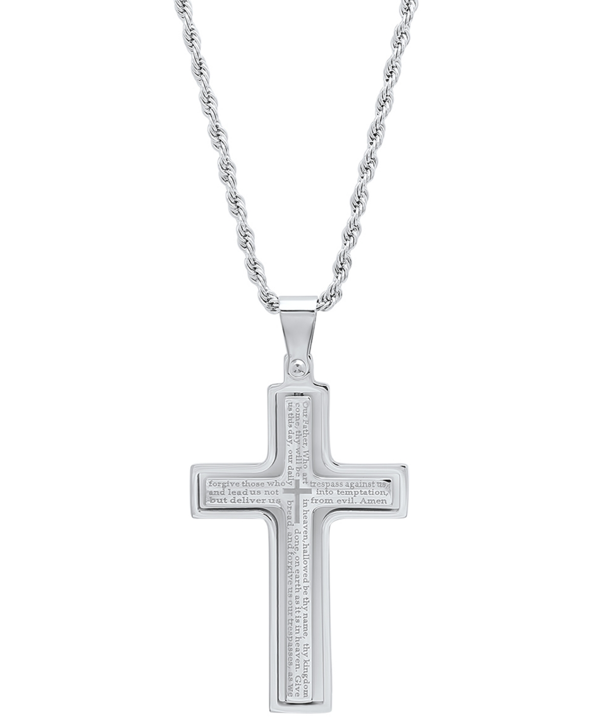 Shop Steeltime Men's Stainless Steel "our Father" English Prayer Spinner Cross 24" Pendant Necklace In Silver