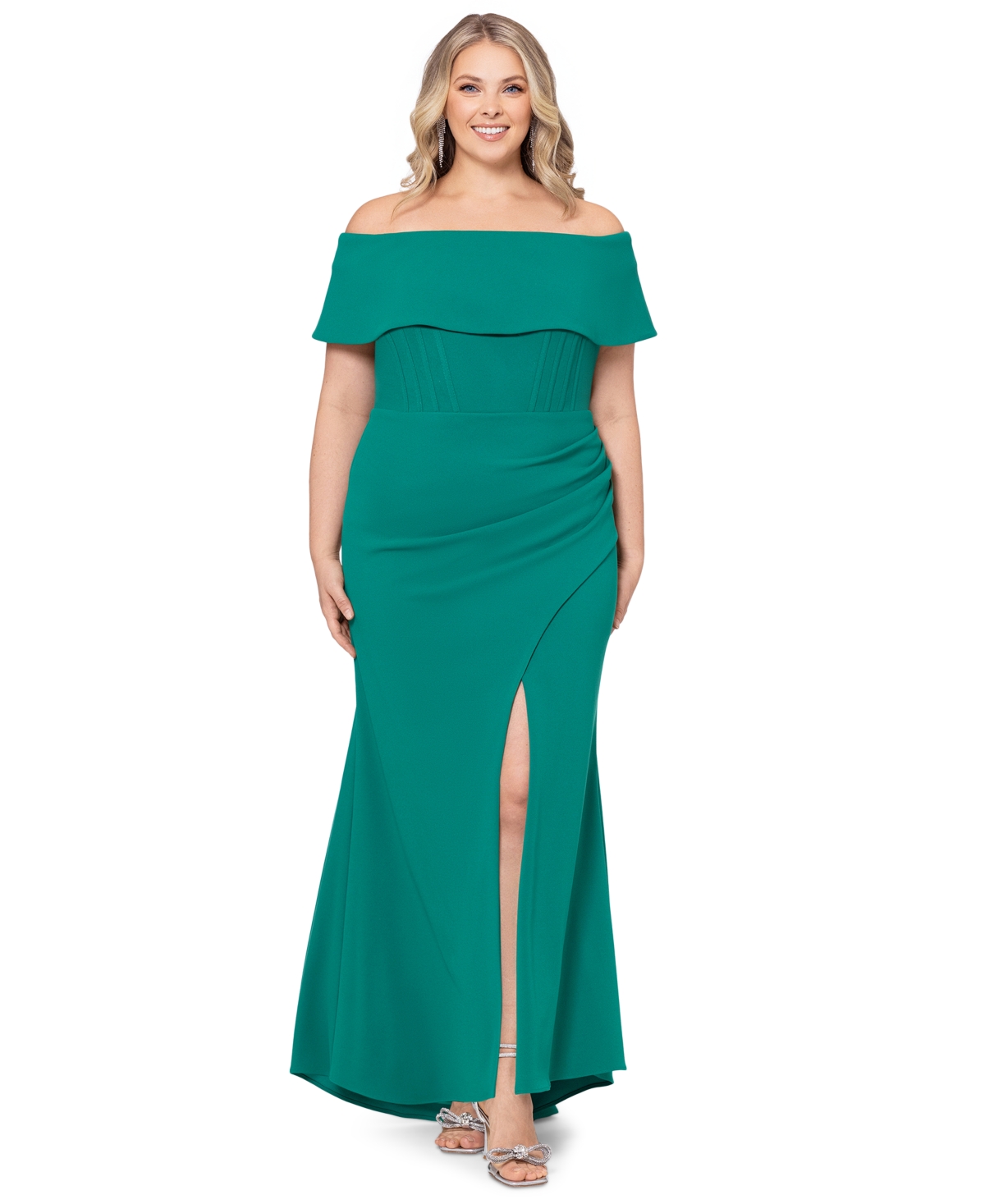 Betsy & Adam Plus Size Corset Off-the-shoulder Gown In Green