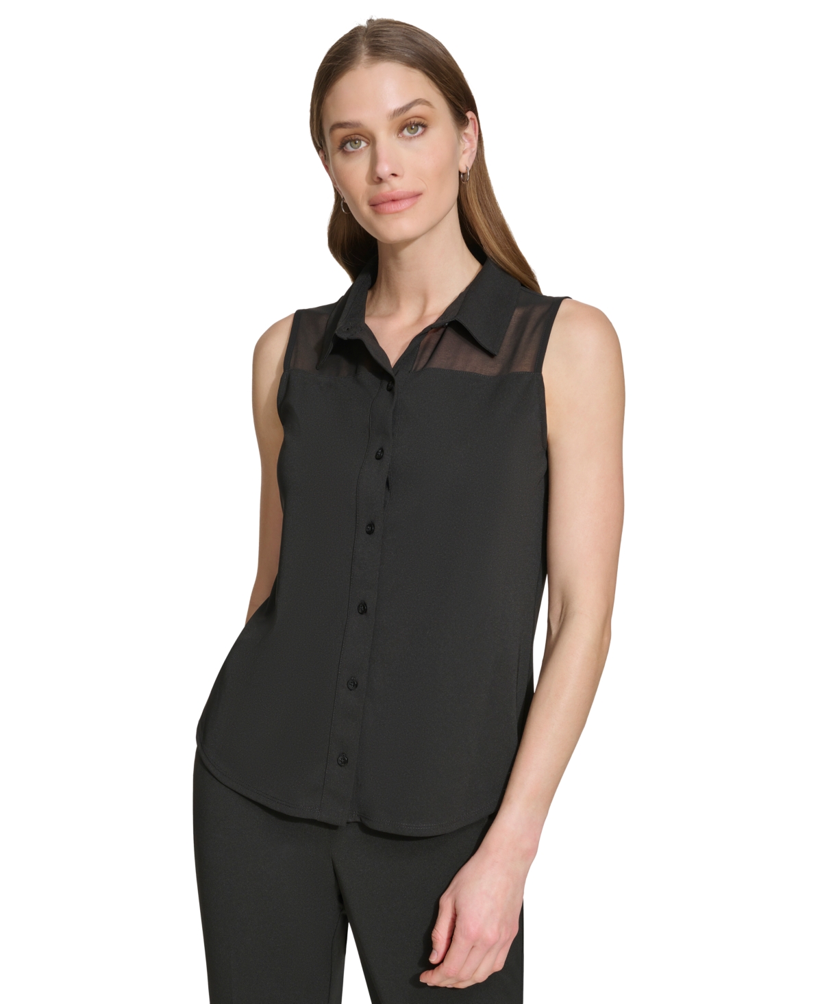Shop Dkny Women's Mixed-media Button-front Sleeveless Top In Black
