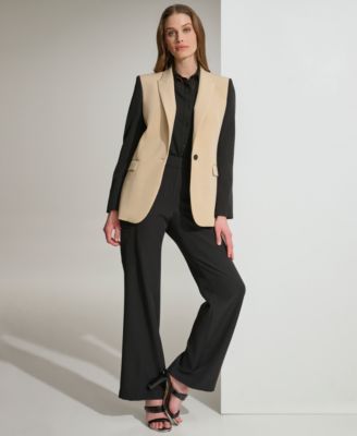 Womens Colorblocked One Button Blazer Sleeveless Chiffon Button Up Blouse Mid Rise Fine Stretch Twill Cargo Pants