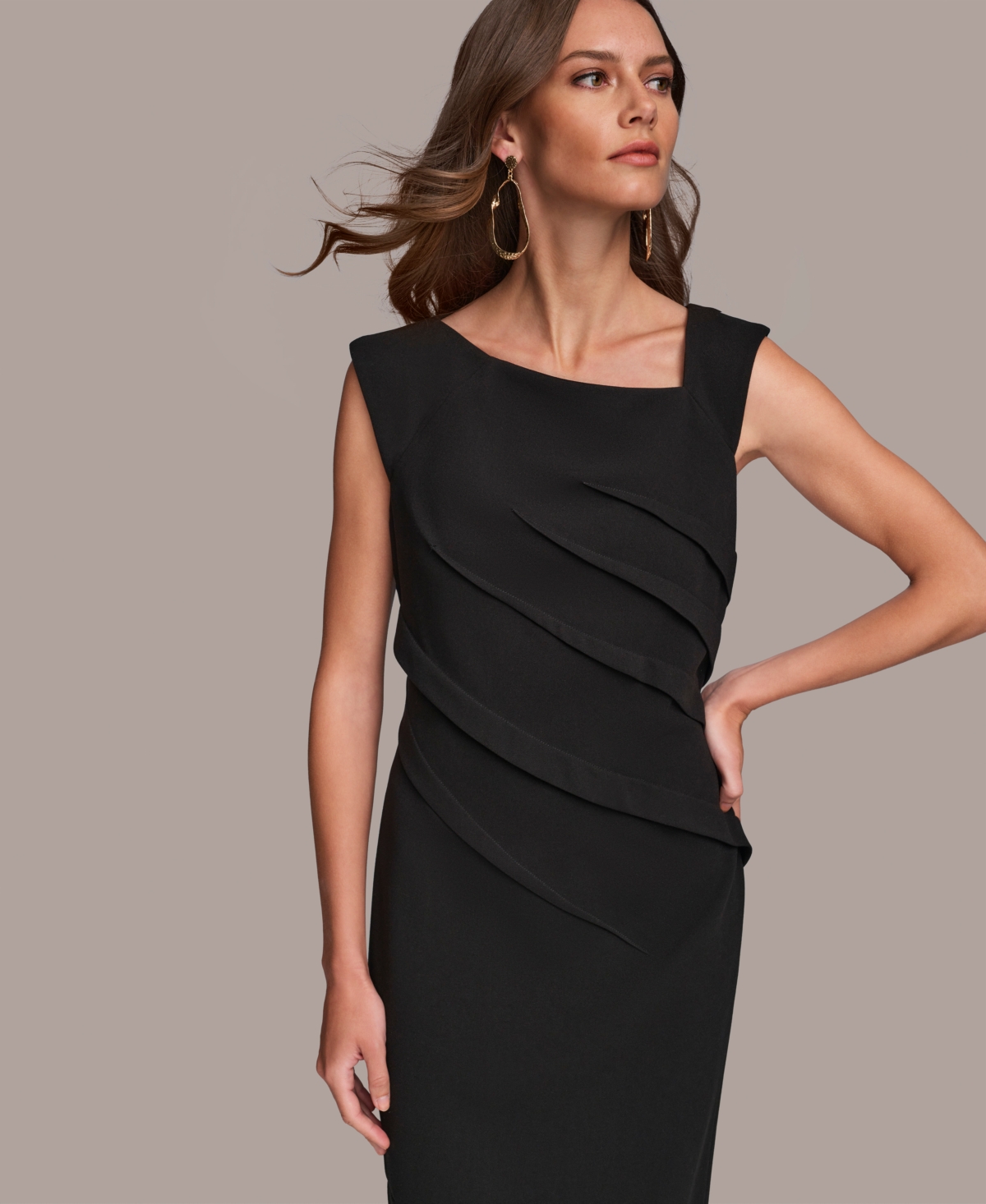 Shop Donna Karan Women's Asymmetric Neckline Pleat-waist Sheath Dress In Black