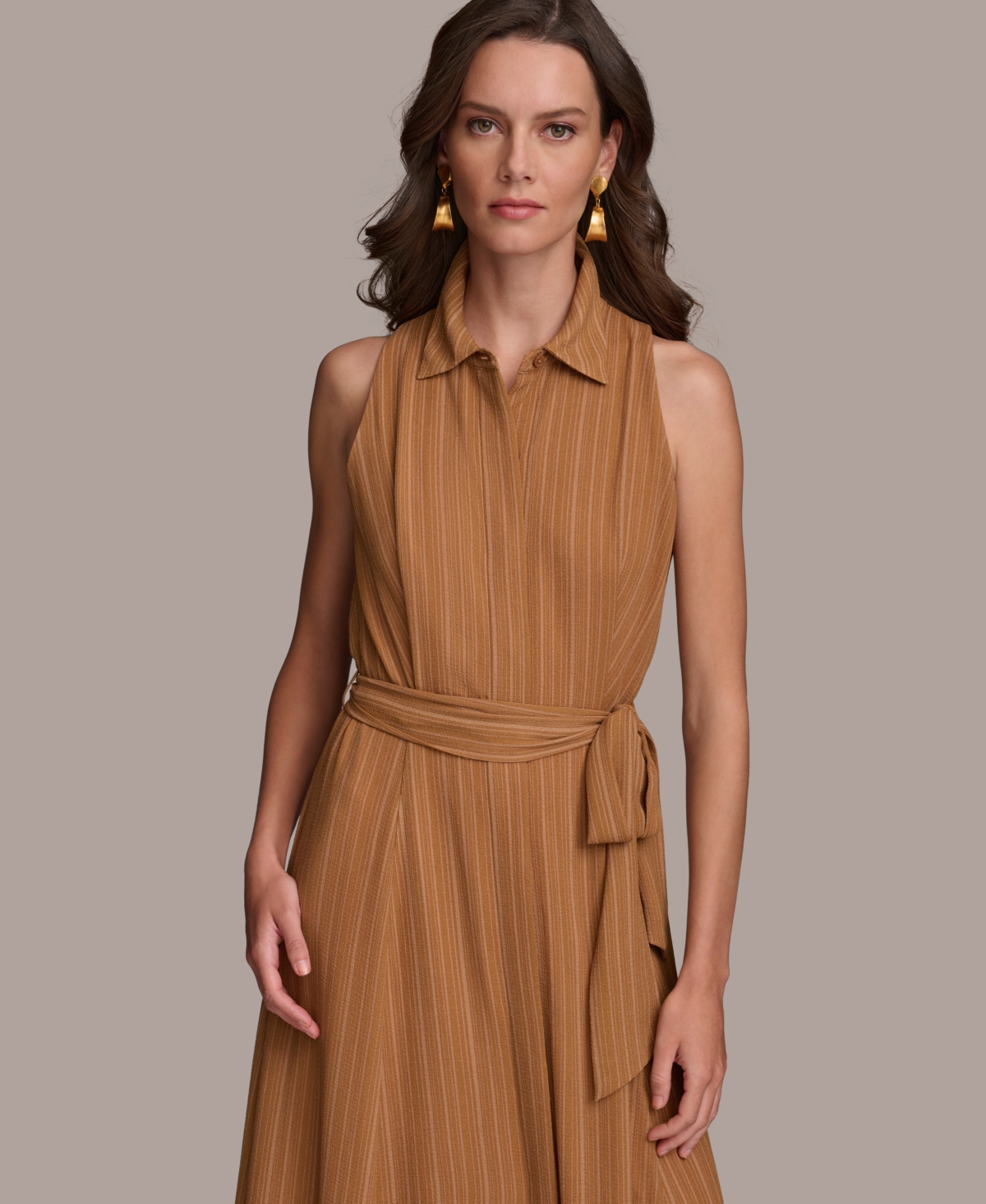 Shop Donna Karan Women's Striped Tie-waist Sleeveless Maxi Dress In Desert Com