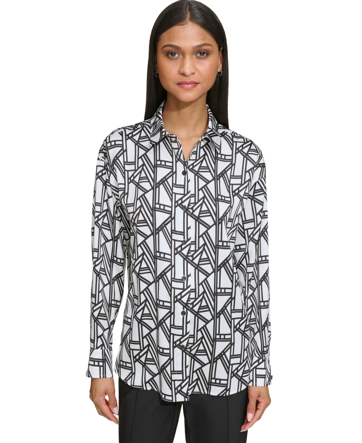 Karl Lagerfeld Women's Printed Long Sleeve Button-front Shirt In Soft White,black