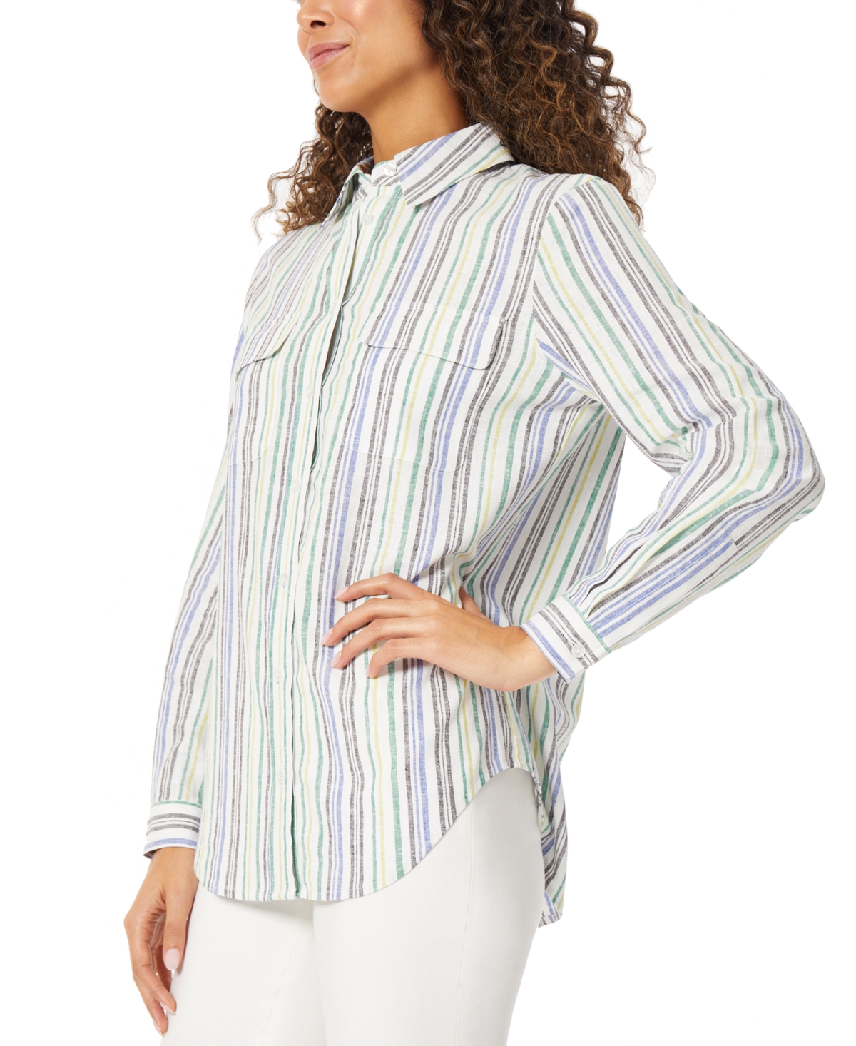 Shop Jones New York Women's Striped Button-up Tunic Linen Top In Nyc White,kelly Multi