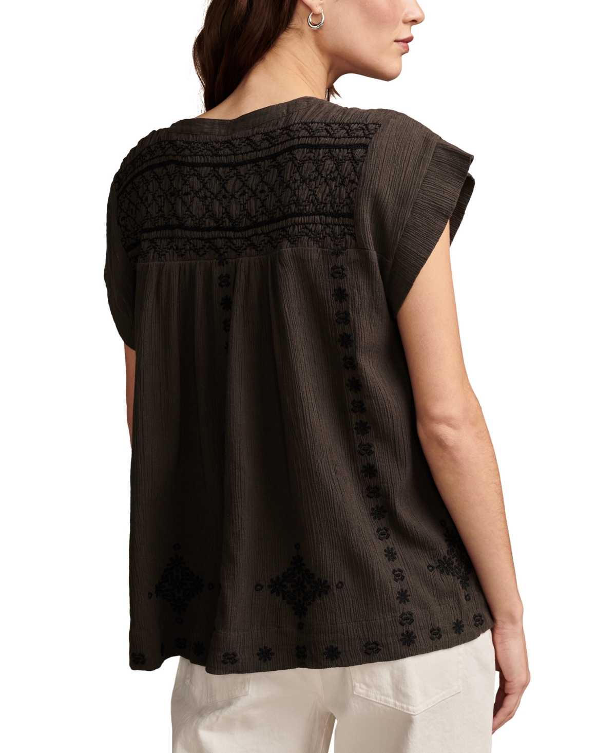 Shop Lucky Brand Women's Cotton Smocked Embroidered Popover Blouse In Raven