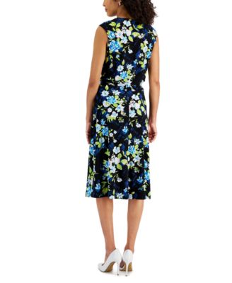 Shop Kasper Womens Floral Print Keyhole Top Knit Skirt In Black,light Azure Multi