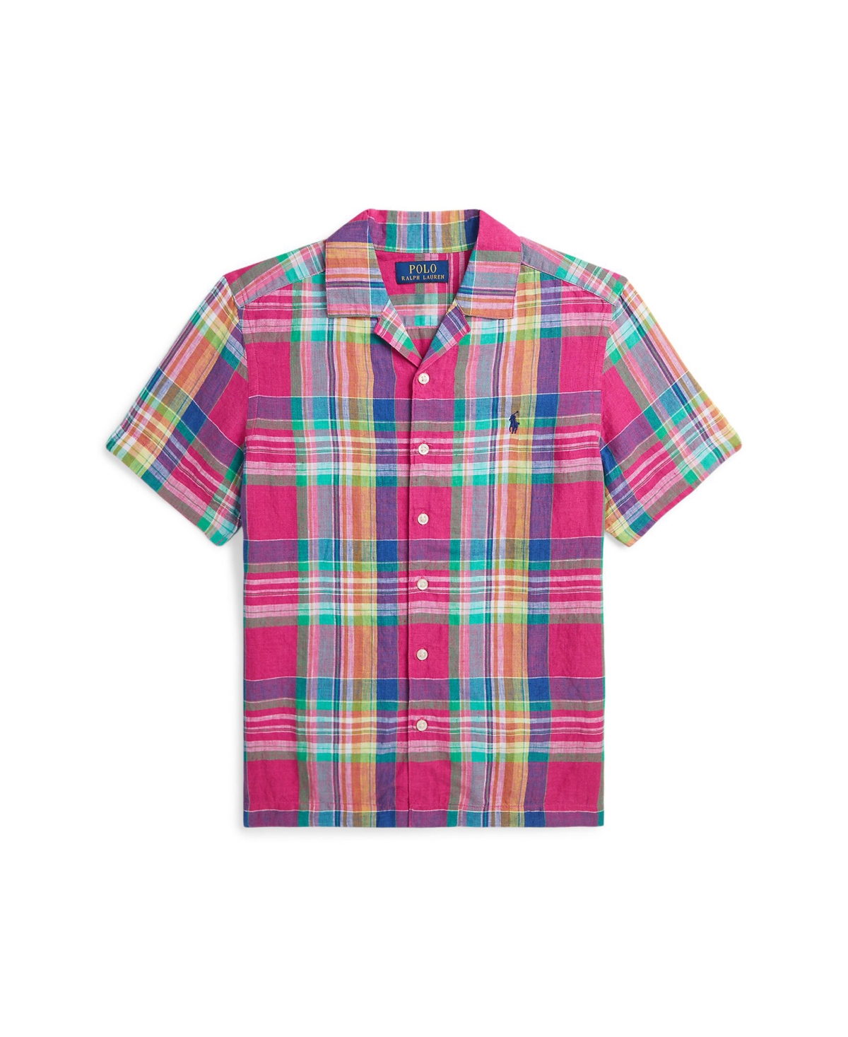 Polo Ralph Lauren Big Boys Plaid Linen Camp Shirt - 906 Pink Blue Multi