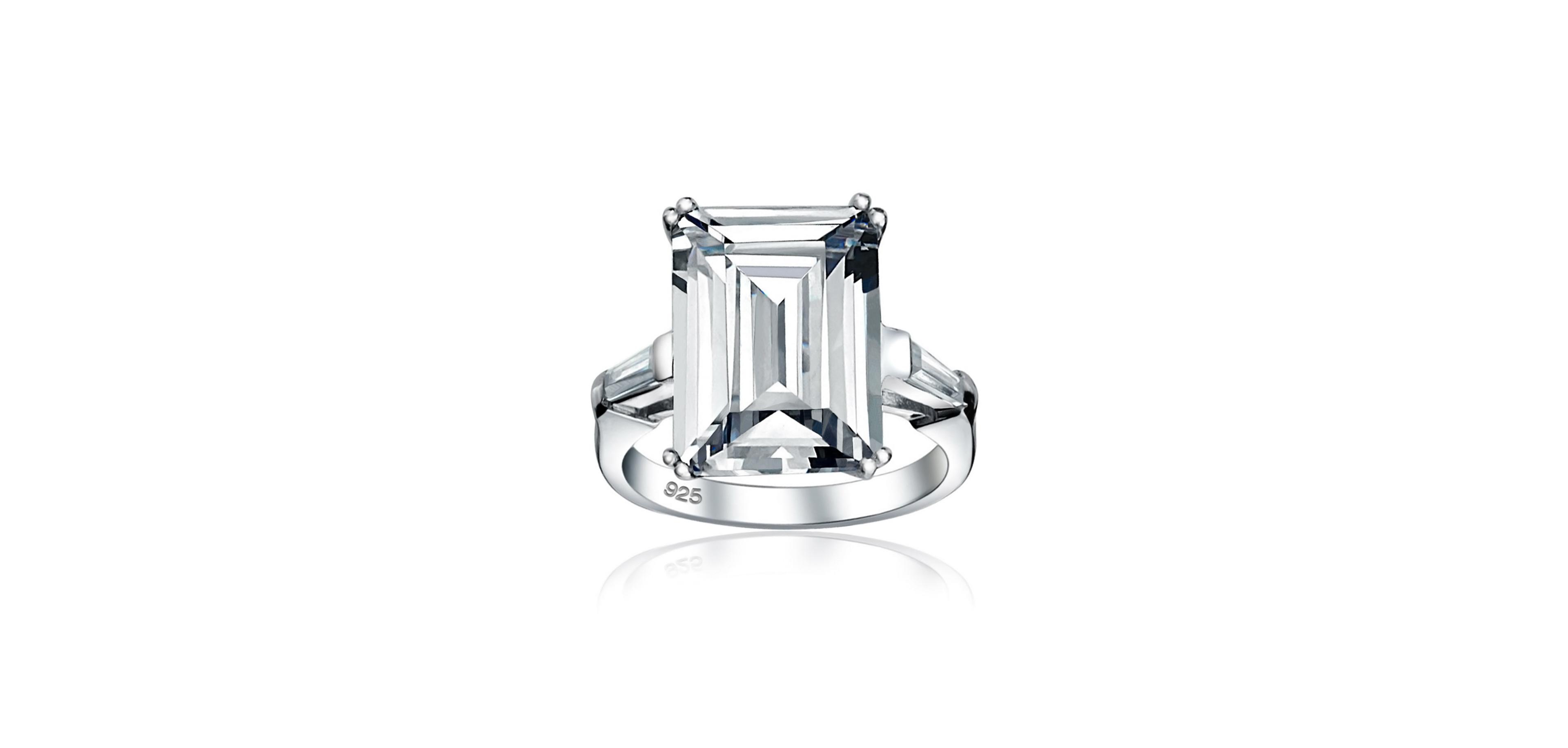 Bling Jewelry Art Deco Style Bridal Wedding Big 10CT Cz Solitaire Emerald Cut Statement Engagement Ring Sterling Silver Cubic Zirconia Baguette Side S