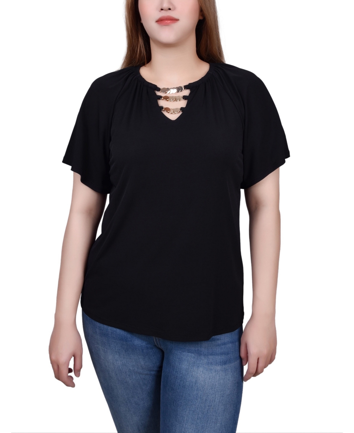 Petite Raglan Sleeve Top with Chain Details - Black Samoan Sun Abstract