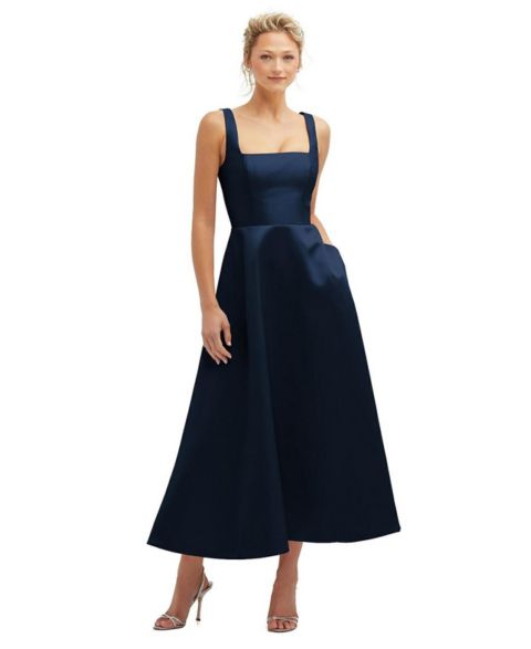 Женское платье Dessy Collection Square Neck Satin Midi Dress with Full Skirt and Pockets, цвет: Полуночный тёмно-синий