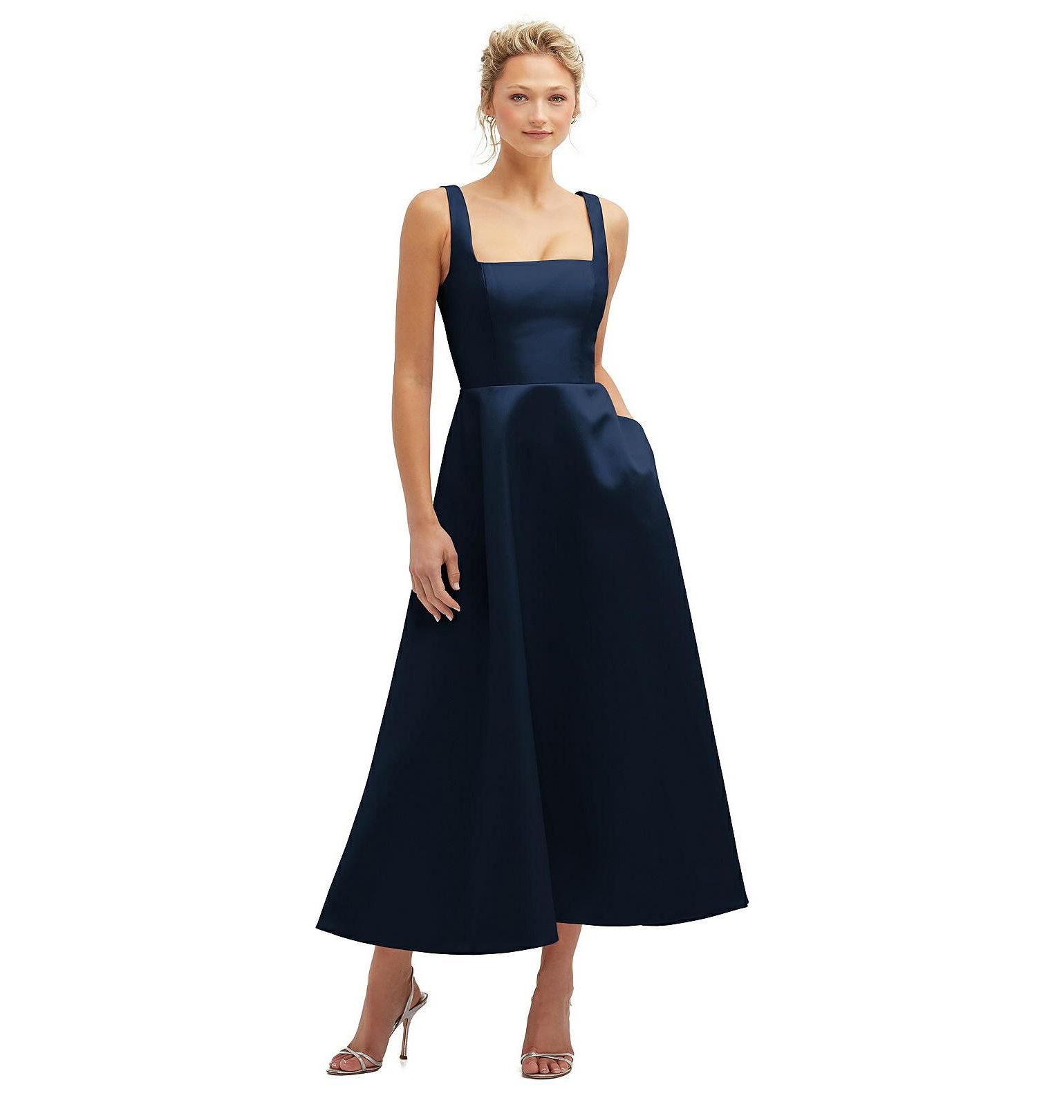 Women's Square Neck Satin Midi Dress with Full Skirt and Pockets