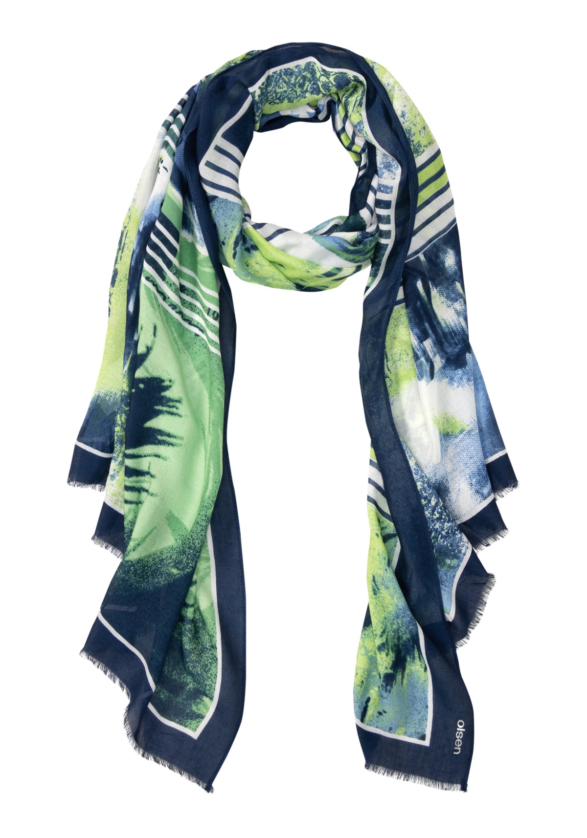 Multi-Pattern and Bordered Edge Scarf with Frayed Edge Trim - Night blue