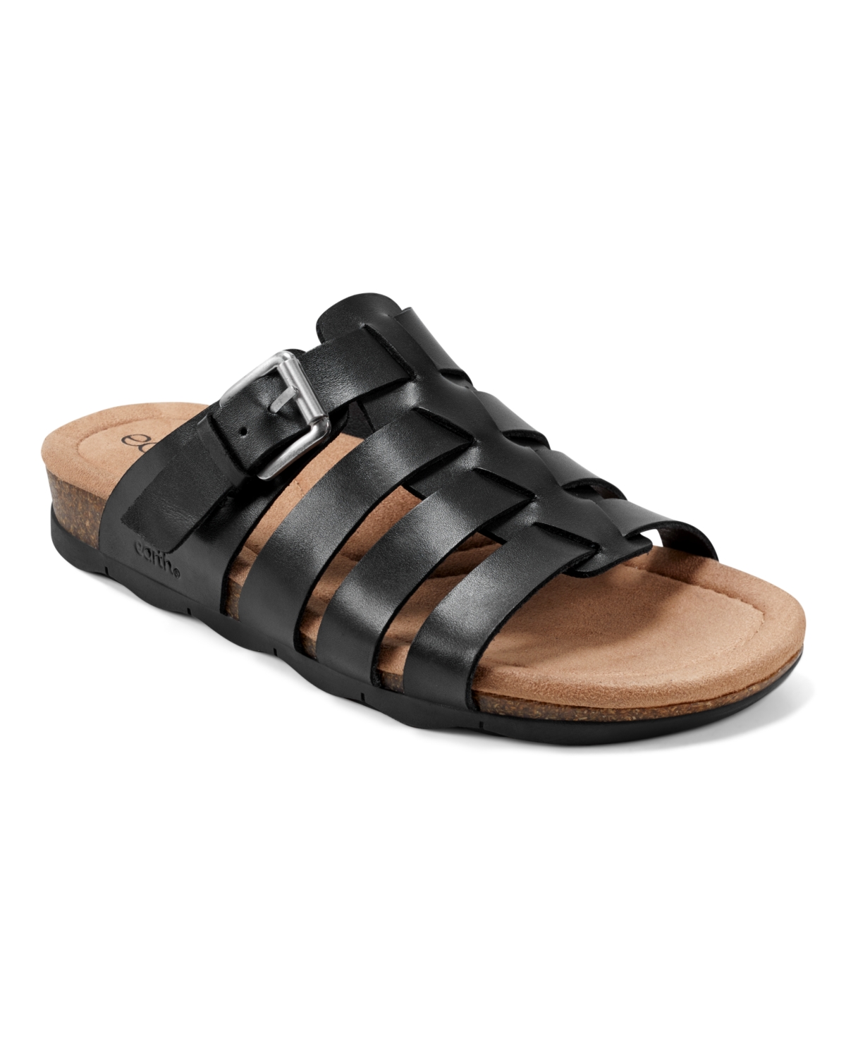 Earth Women's Eresa Slip-On Strappy Flat Casual Sandals - Black Leather