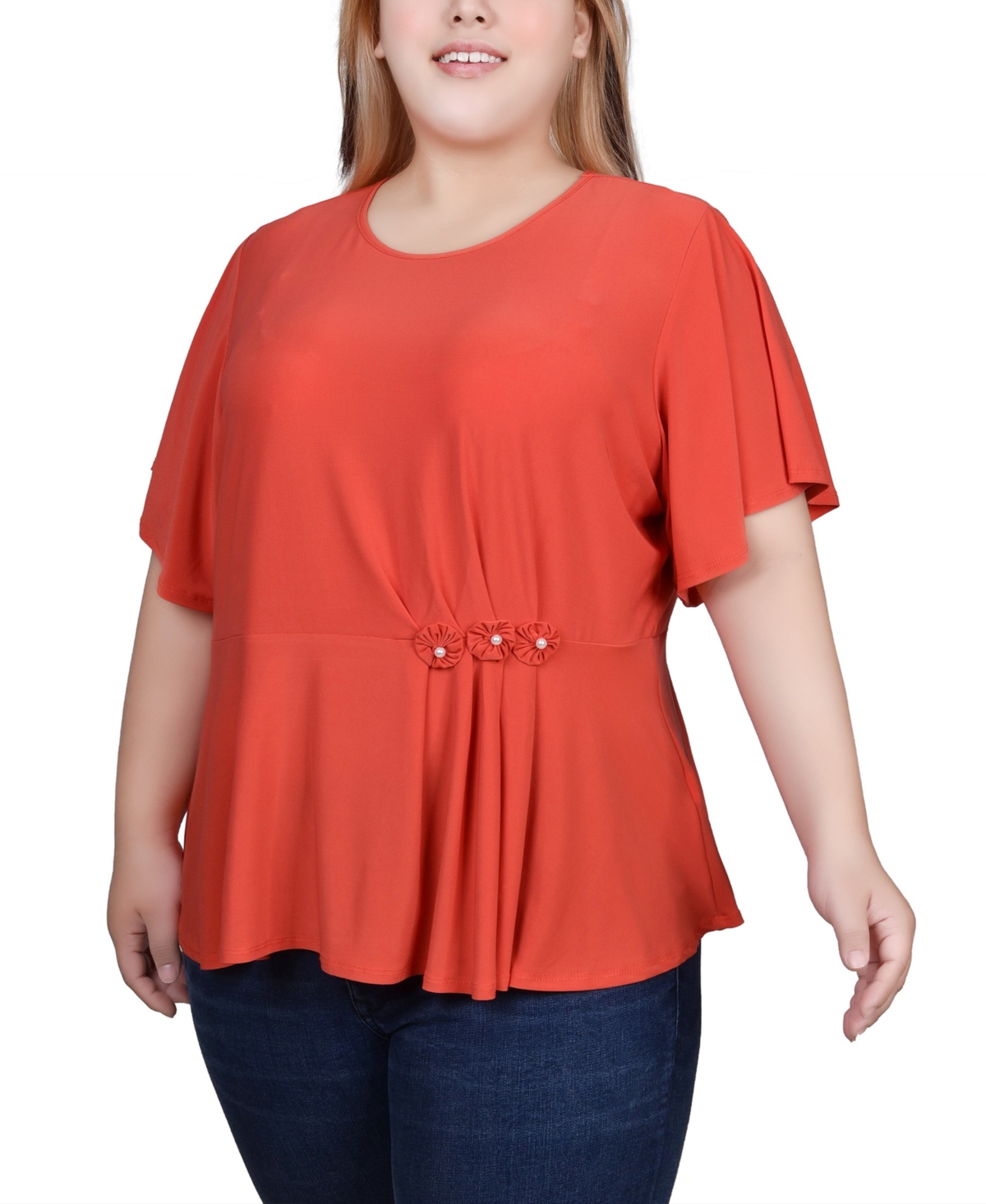 Ny Collection Plus Size Flutter Sleeve Flower-Detail Top