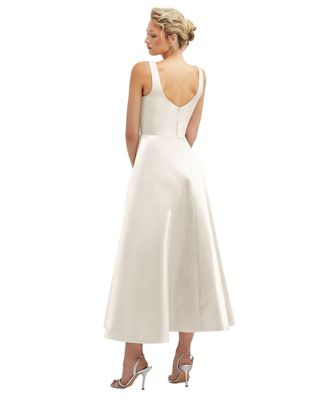 Square Neck Satin Midi Dress with Full Skirt & Pockets