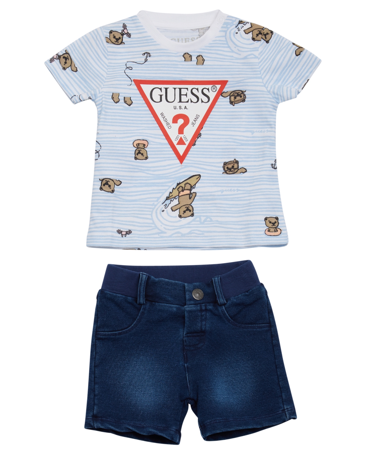 Shop Guess Baby Boy Short Sleeve Shirt And Denim Short Set In Blue