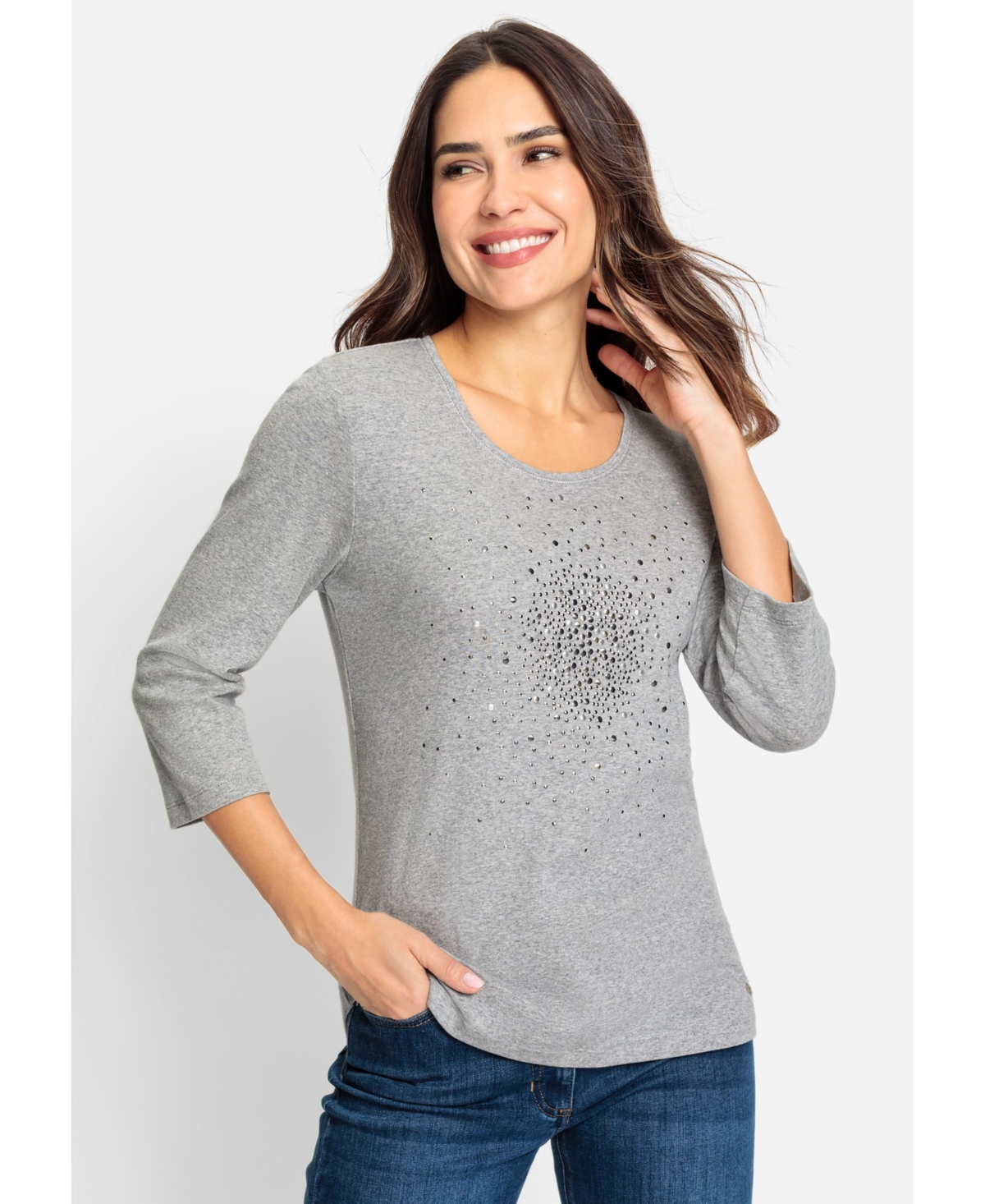 100% Cotton 3/4 Sleeve Studded T-Shirt - Silver grey melange