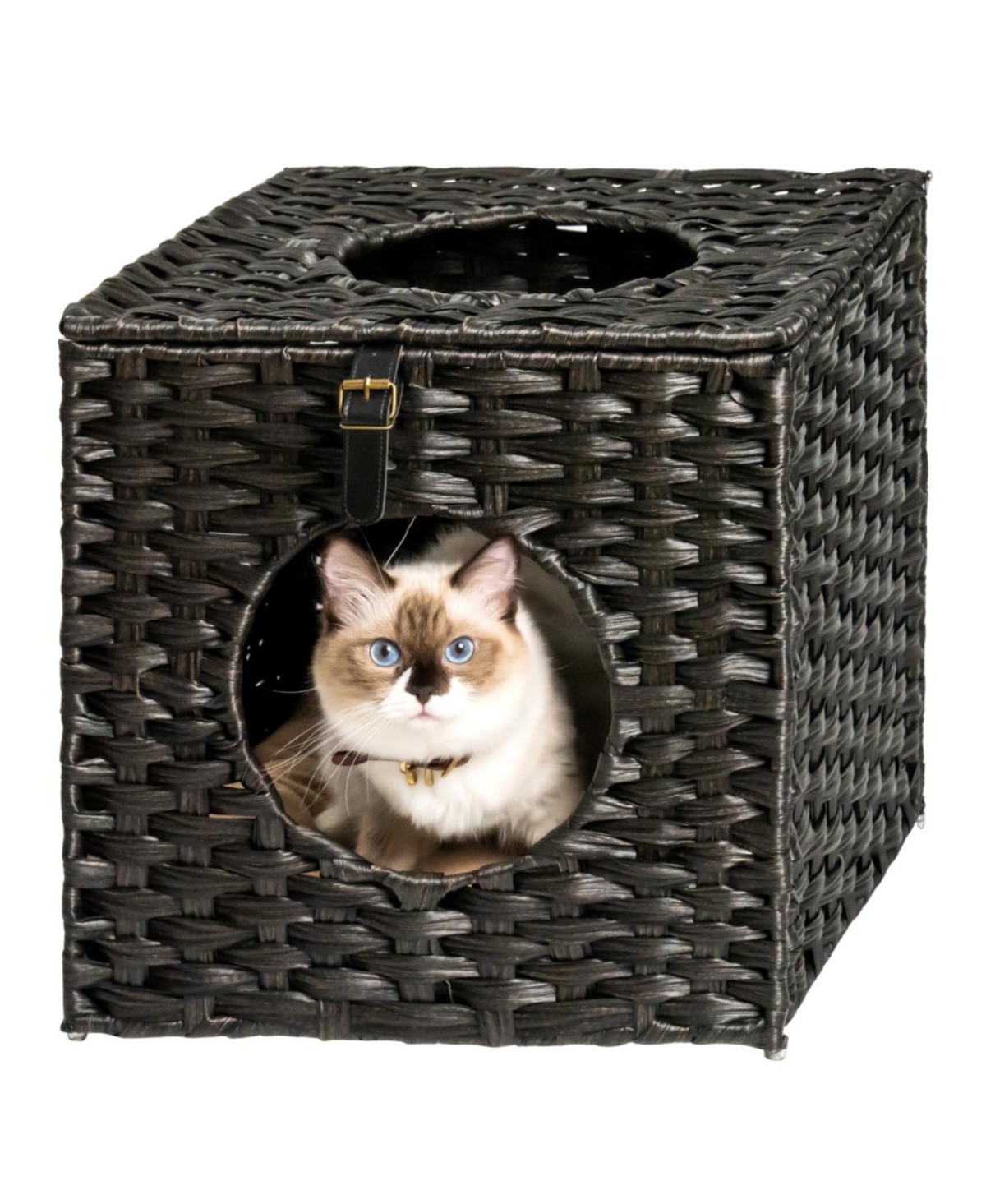 Rattan Cat Litter, Cat Bed With Rattan Ball And Cushion - Black