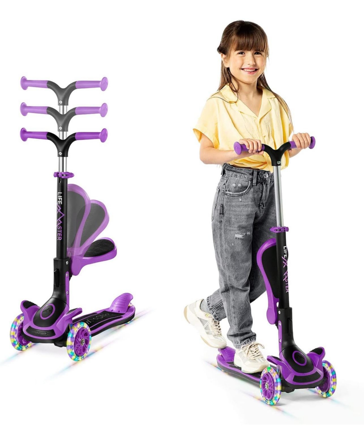 Lifemaster Kids Scooter – Foldable Seat – Led Wheel Lights Illuminate When Rolling – Children and Toddler 3 Wheel Kick Scooter &#
