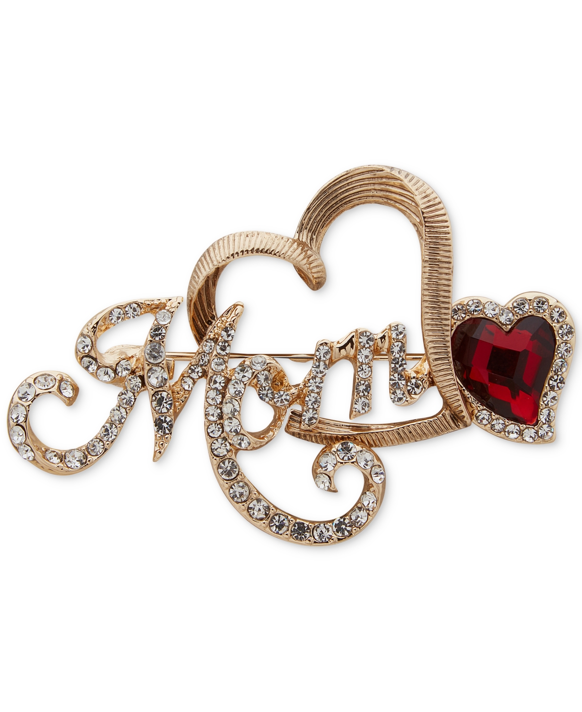 Shop Anne Klein Gold-tone Pave & Stone Textured Heart Mom Pin In Red