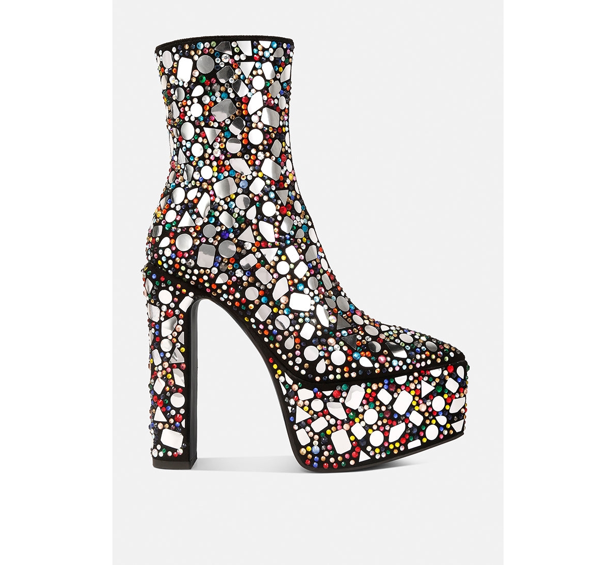 Fancy Mirror Embellished Platform High Heel Boots - Black
