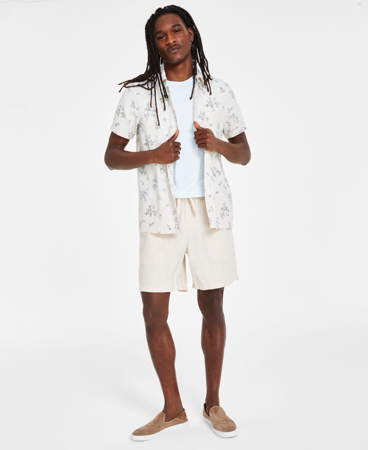 Men's Vlad Floral Linen-Blend Shirt, Created for Macy's - Vintage White