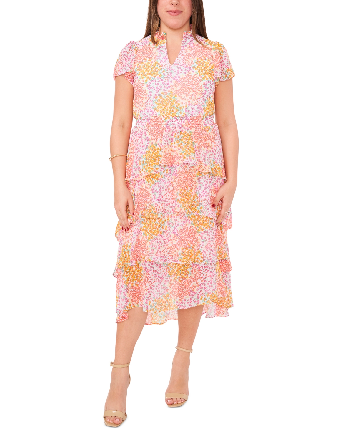 Shop Sam & Jess Petite Short Sleeve Tiered Midi Dress In Pink,orange Ditsy