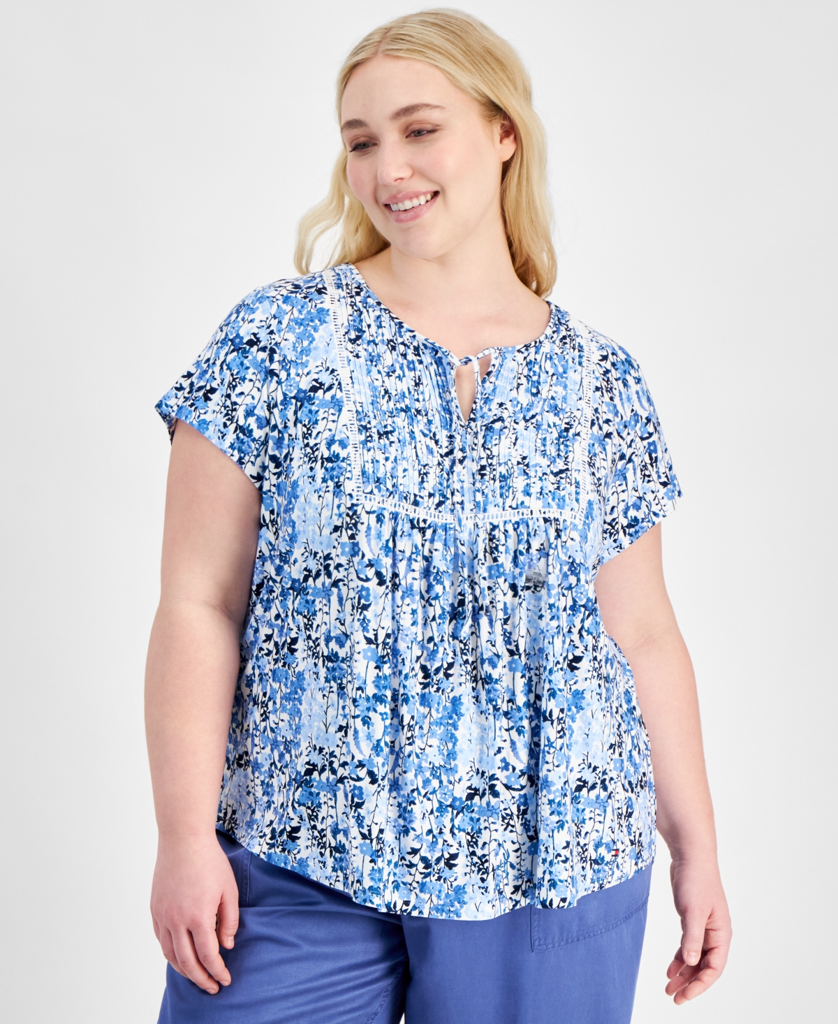Tommy Hilfiger Plus Size Floral Short-sleeve Pintuck Top In Breeze Multi