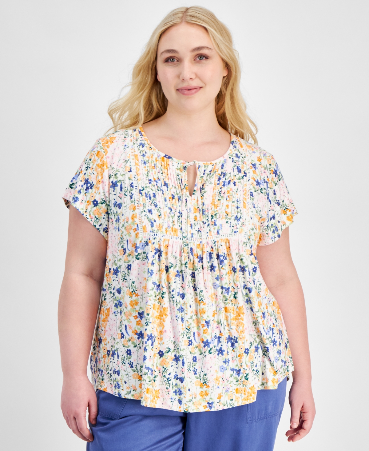 Tommy Hilfiger Plus Size Floral Short-sleeve Pintuck Top In Ivory Multi