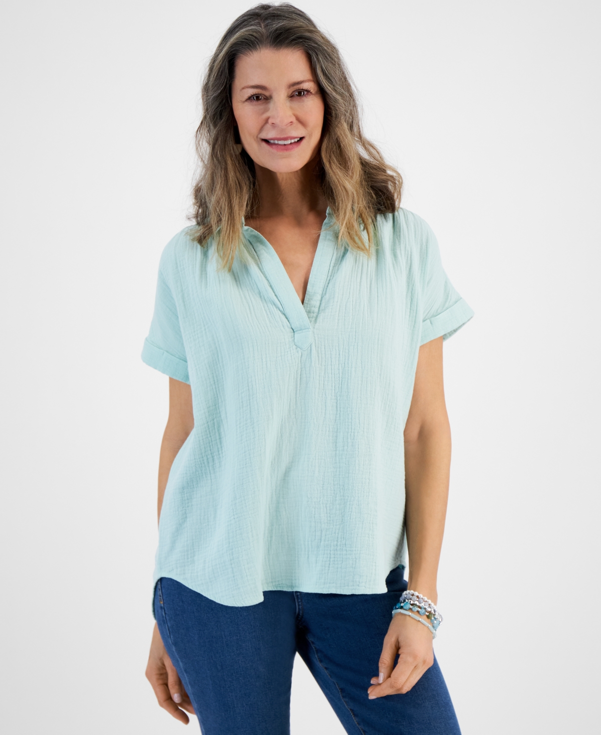 Shop Style & Co Petite Cotton Short-sleeve Camp Shirt, Created For Macy's In Minty Turq