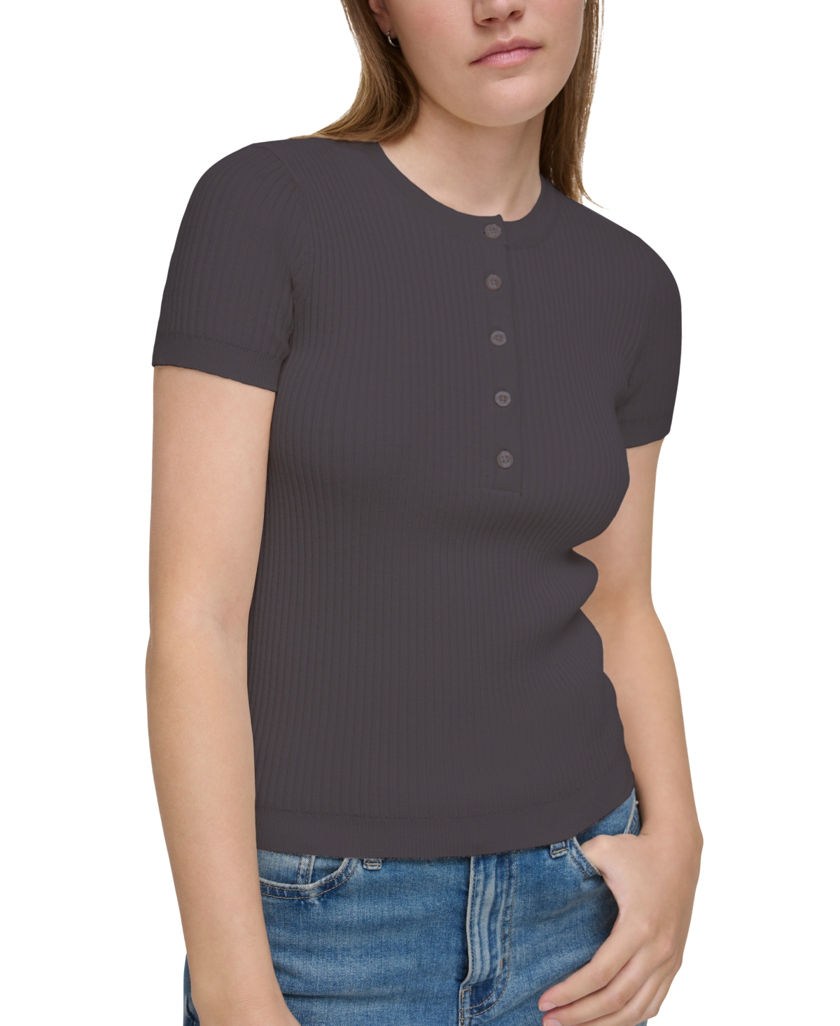 Calvin Klein Jeans Est.1978 Petite Short-sleeve Rib-knit Henley Top In Forged Iron