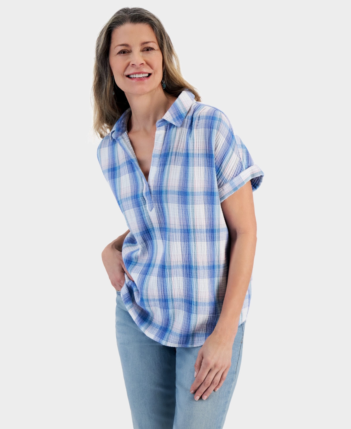 Women's Printed Gauze Short-Sleeve Popover Top, Created for Macy's - Pink Plaid