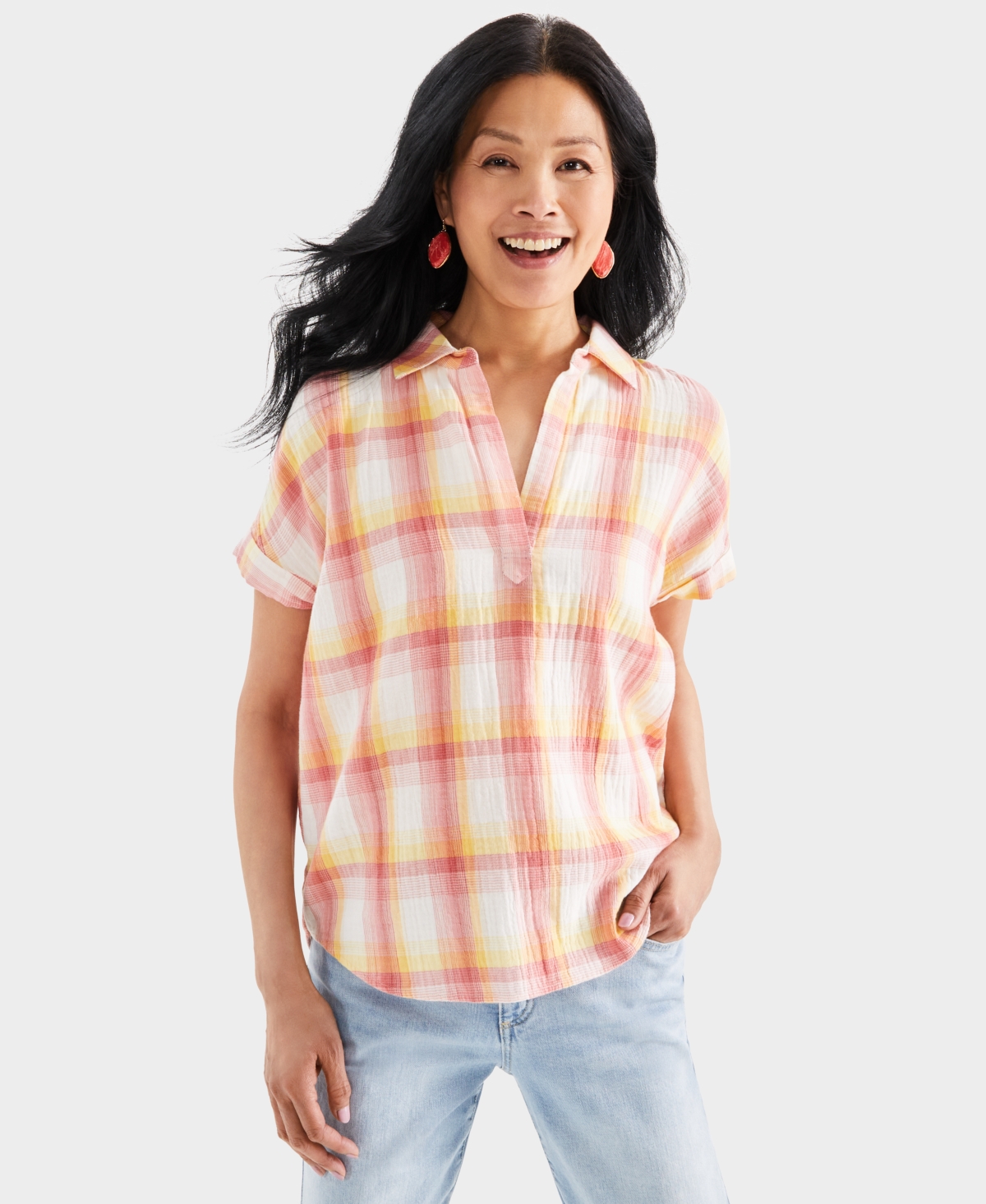 Shop Style & Co Women's Printed Gauze Short-sleeve Popover Top, Created For Macy's In Pink Plaid