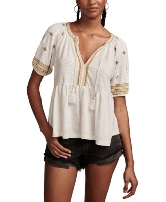 Lucky Brand Women's Cotton Embroidered Babydoll Top - Macy's