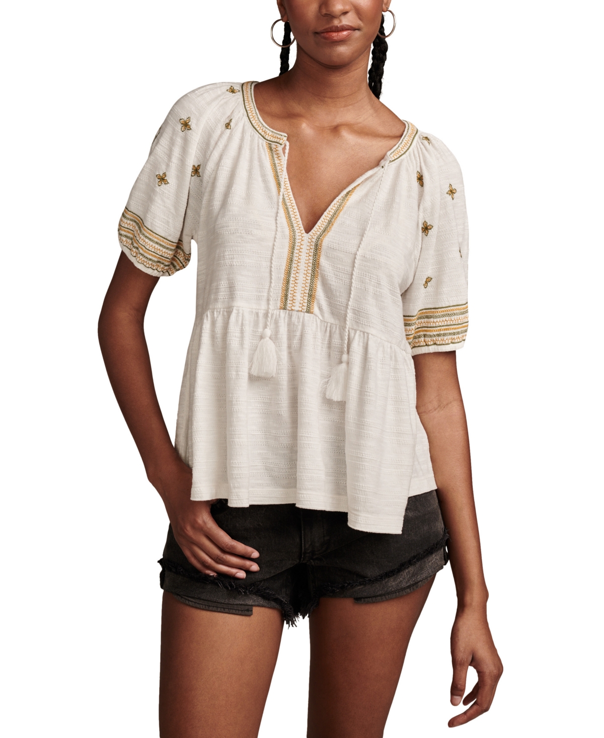 Lucky Brand Easy Embroidered Cotton Babydoll Top In Cream