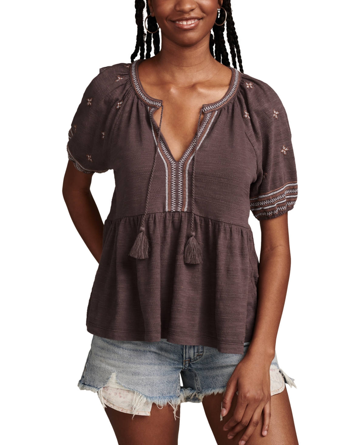 Shop Lucky Brand Women's Cotton Embroidered Babydoll Top In Raven