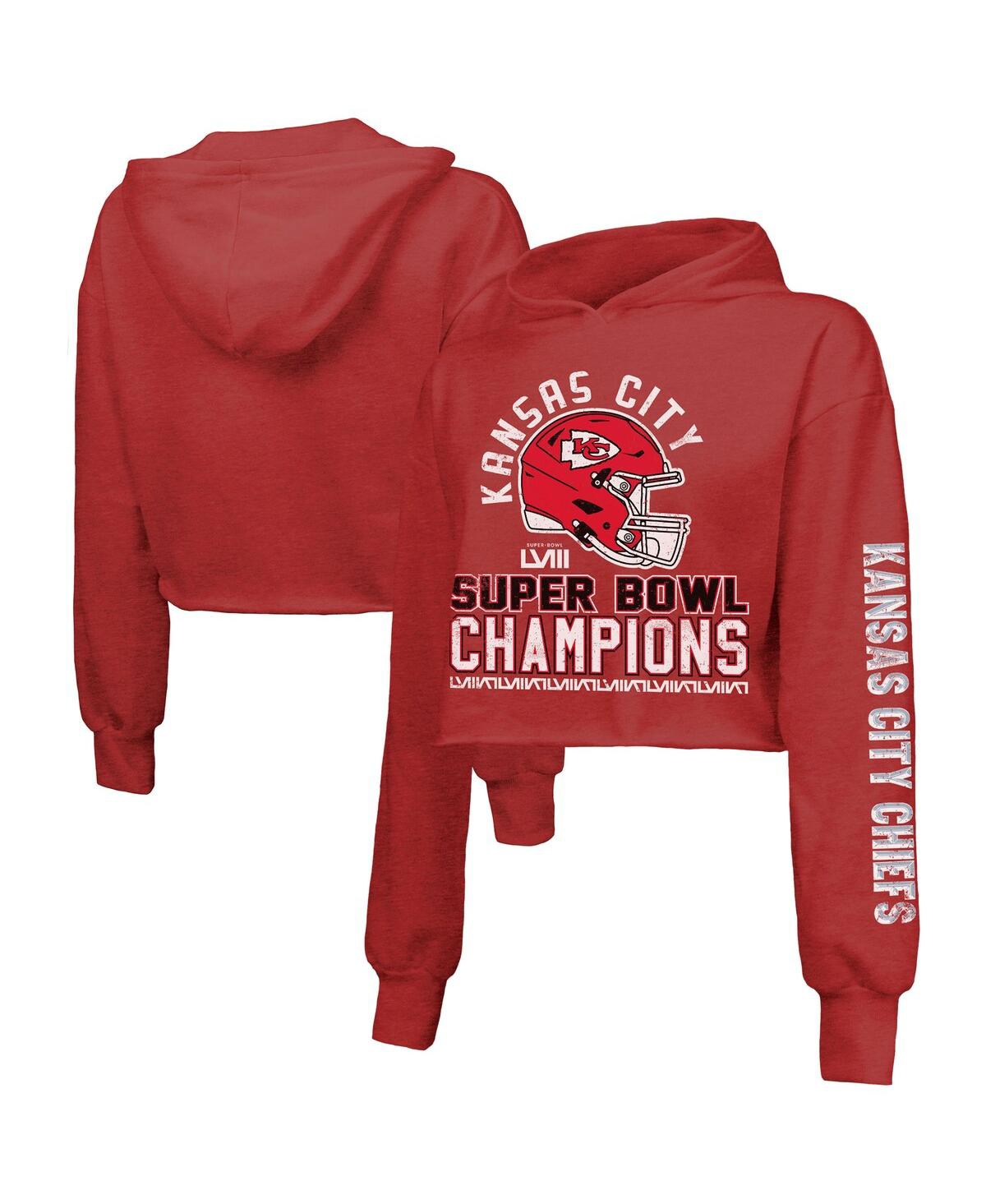 Women's Majestic Red Kansas City Chiefs Super Bowl Lviii Champions Head Count Hit Tri-Blend Cropped Hoodie - Red