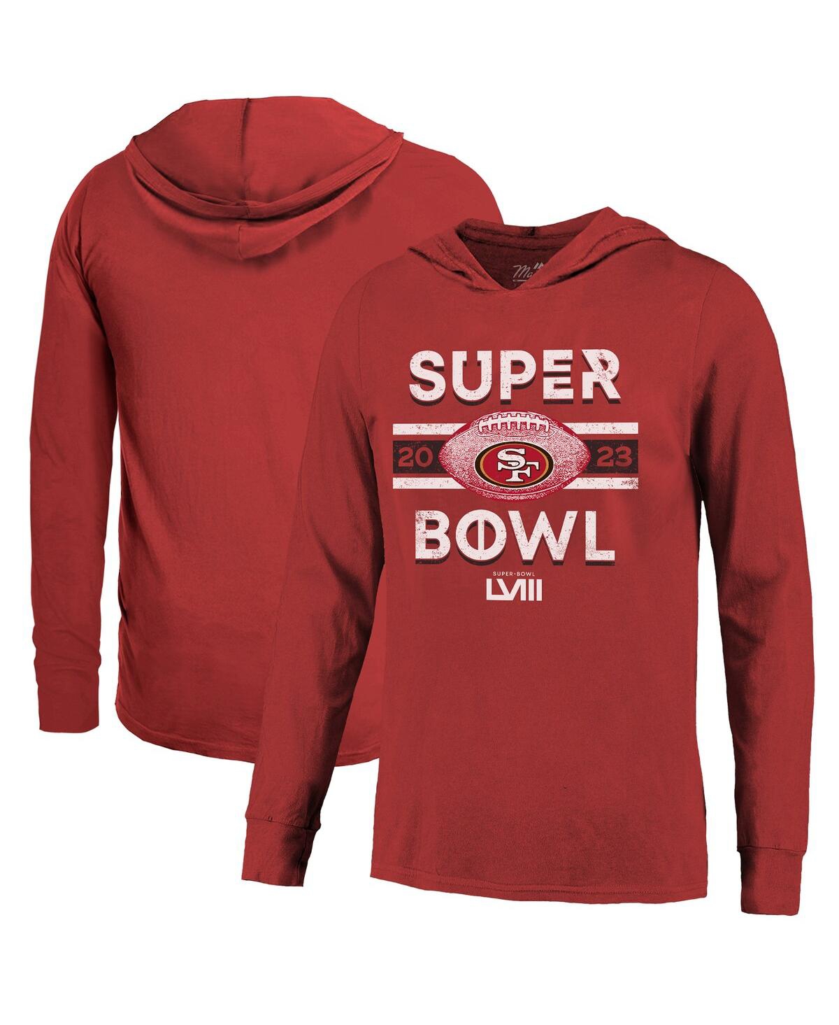 Men's Majestic Threads Scarlet Distressed San Francisco 49ers Super Bowl Lviii Tri-Blend Soft Hand Long Sleeve Hoodie T-shirt - Scarlet