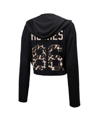 Women's Threads Jack Hughes&nbsp;Black New Jersey Devils Leopard Print Name and Number Cropped Pullover Hoodie