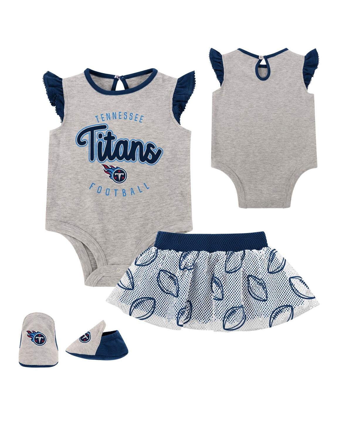 Shop Outerstuff Newborn Heather Gray, Navy Tennessee Titans All Dolled Up Three-piece Bodysuit, Skirt And Booties Se In Heather Gray,navy
