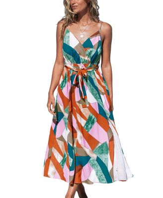 Women s Belted Abstract Print Maxi Beach Dress