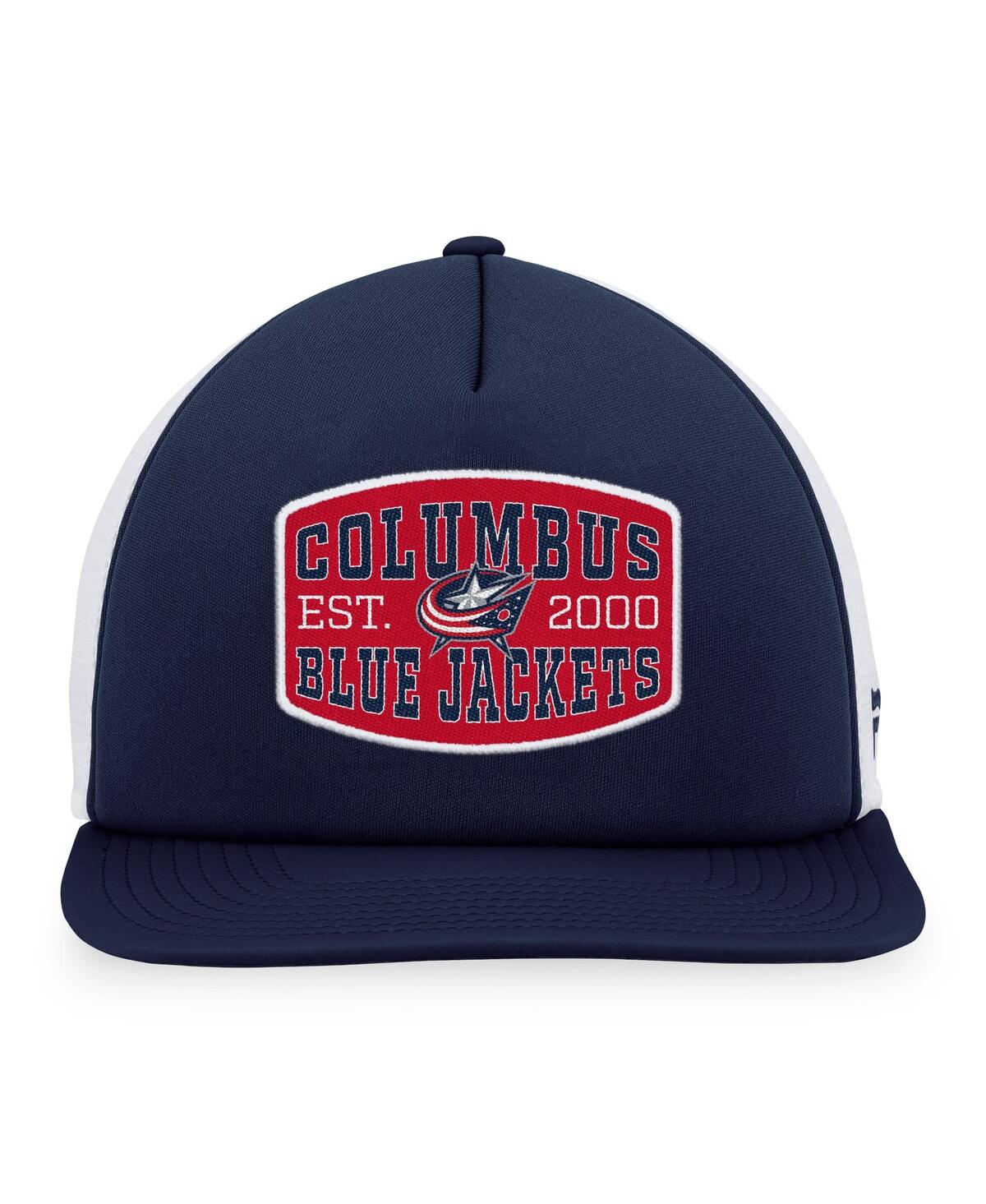 Fanatics Branded Navy/white Columbus Blue Jackets Foam Front Patch Trucker Snapback Hat In Navy,white