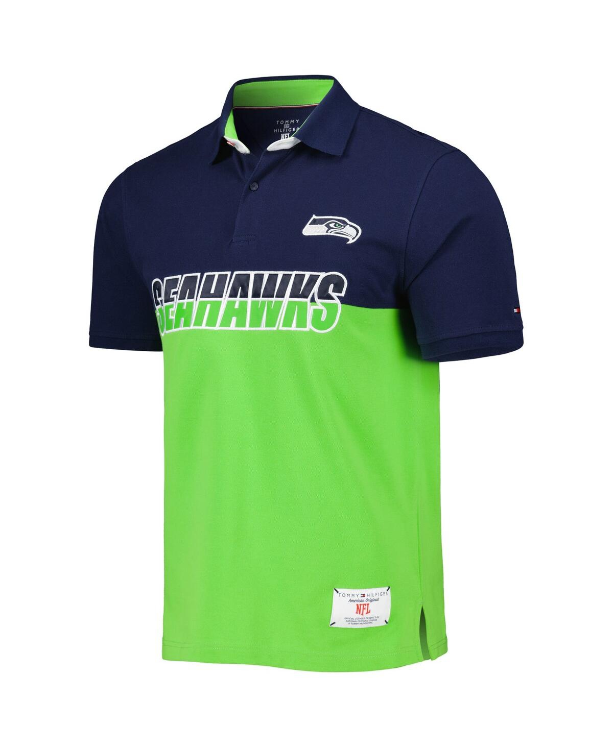 Shop Tommy Hilfiger Men's  Neon Green, College Navy Seattle Seahawks Color Block Polo Shirt In Neon Green,college Navy