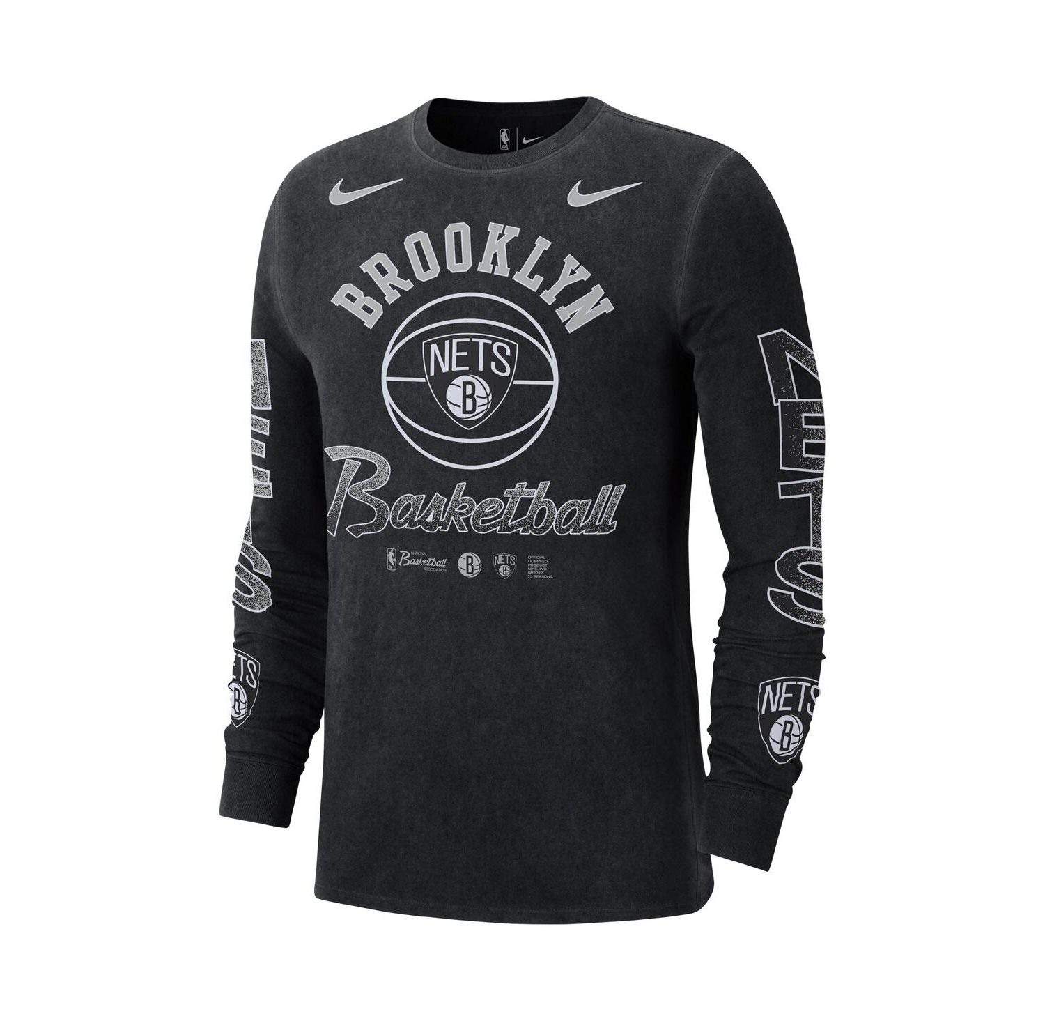 Men's Black Distressed Brooklyn Nets Courtside Retro Elevated Long Sleeve T-shirt
