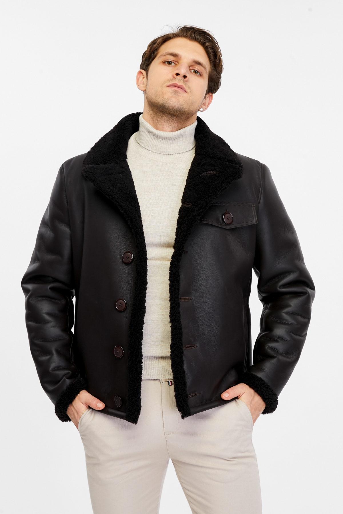 Furniq Uk Men's Leather Shearling Jacket