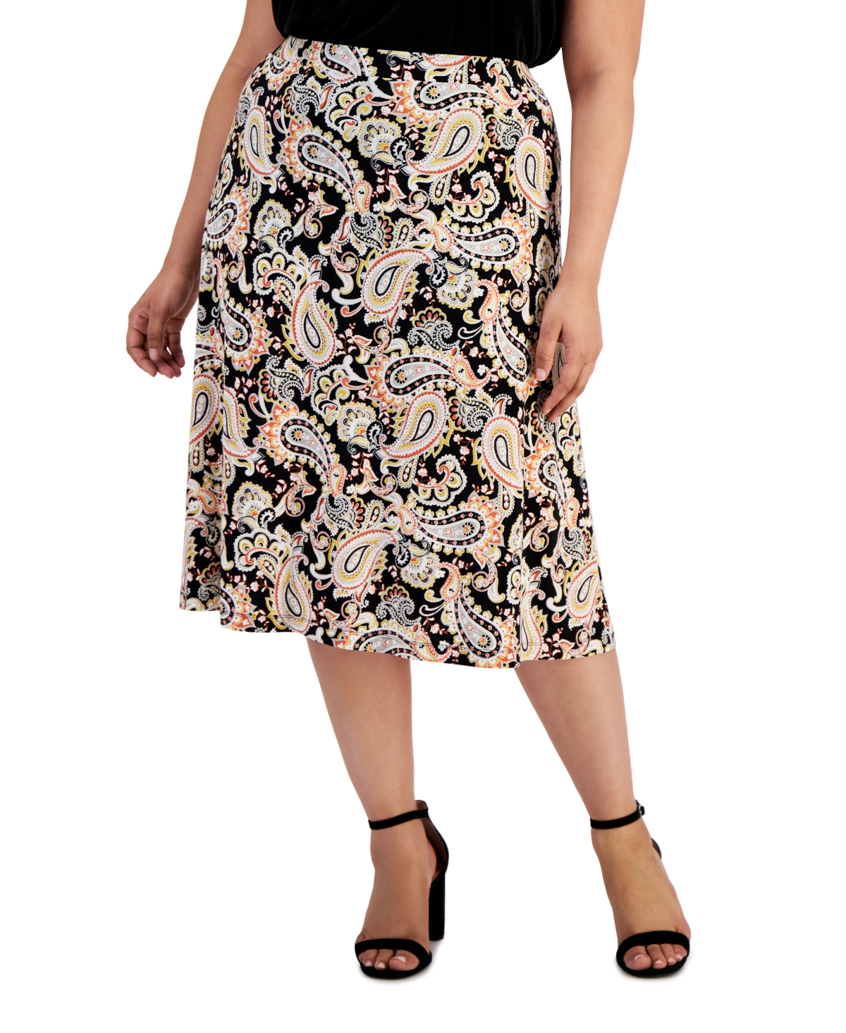 Shop Kasper Plus Size Paisley-print Pull-on Midi Skirt In Black,butterscotch
