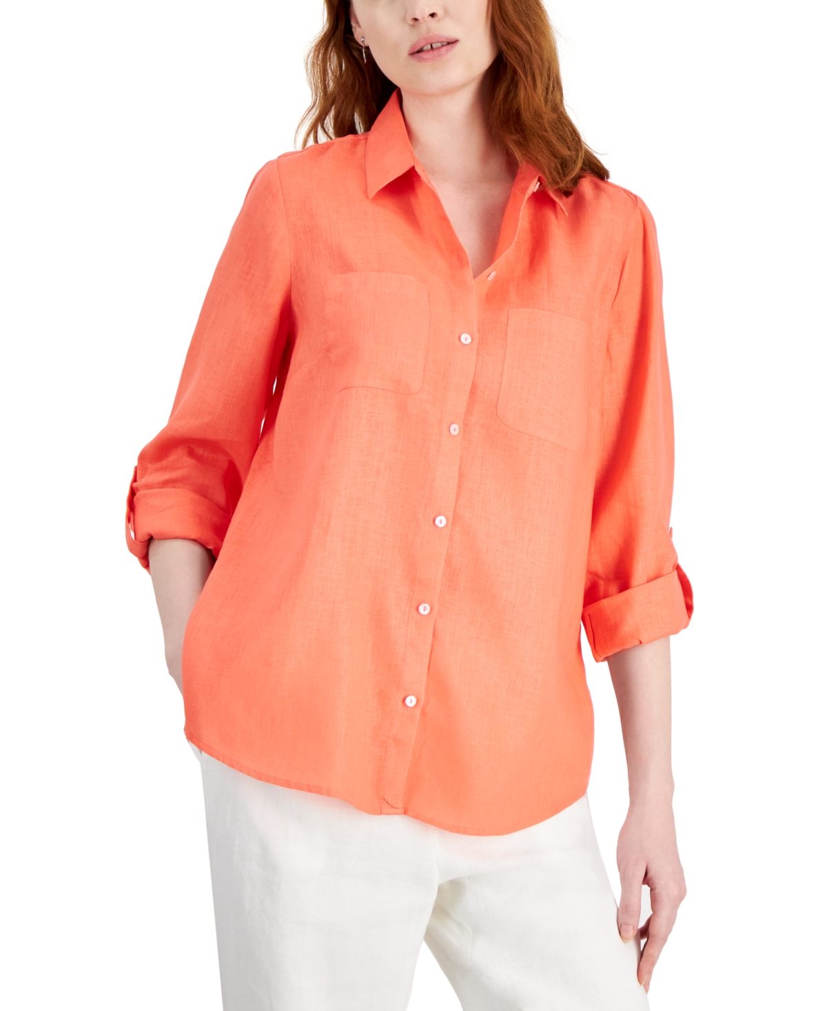 Shop Charter Club Women's 100% Linen Shirt, Created For Macy's In Coral Punch